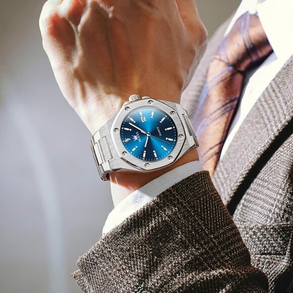 Olevs Men's Silver Blue Stain Steel Man Watch with Date Luminous Stylish Watch - Picture 3 of 6